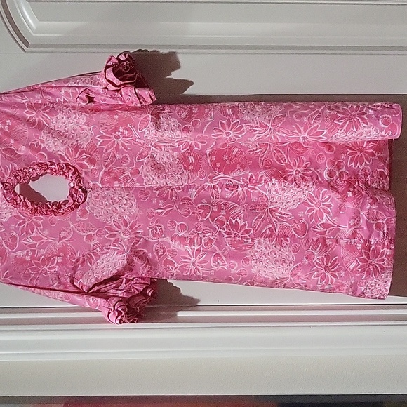 LILLY PULITZER Pink Floral Print Ruffle Sleeve Cut Out Keyhole Shift Dress. - Picture 3 of 5
